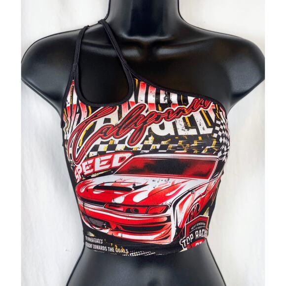 New Medium Red Grunge Motorsport Graphic Racing Car Crop One shoulder Strappy - Picture 2 of 9
